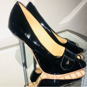 L.A.M.B. Rio Peep Toe Pumps Black Patent Leather 8.5